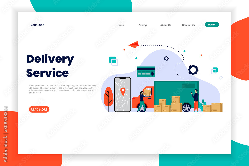 Online delivery service landing page with car box. This design can be used for websites, landing pages, UI, mobile applications, posters, banners