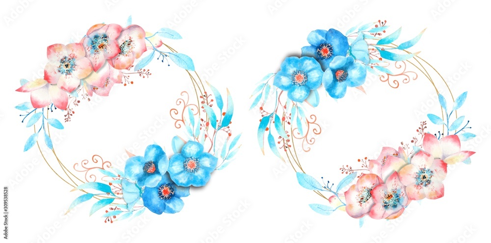 2 Geometric frame with blue and pink hellebore flowers, buds, leaves, decorative twigs on a white isolated background . Bouquet on top and bottom. Vector illustration.