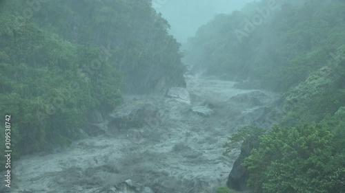 Swollen Mountain River As Torrential Rain Pours During Tropical Storm - Bailu