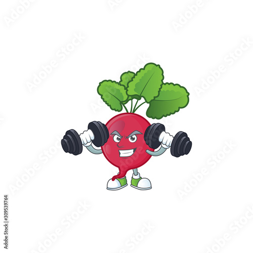 Fitness exercise red radish mascot icon with barbells