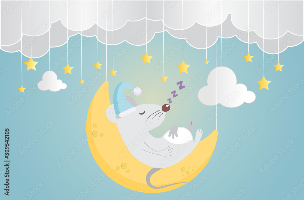 Obraz premium Sweet dream and Good night concept Background. Cute mouse sleep on the moon. Space for your text.