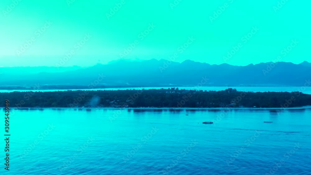 early morning, fog over the tropical island before sunrise. aerial panorama early morning, fog over the tropical island before sunrise. aerial panorama