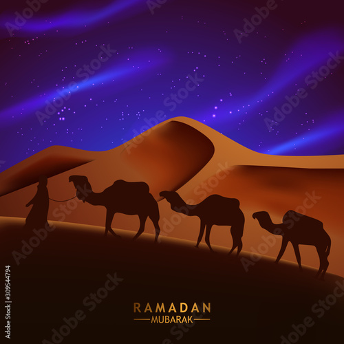 arabian desert night scene with silhouette of camel and people illustration for ramadan kareem template