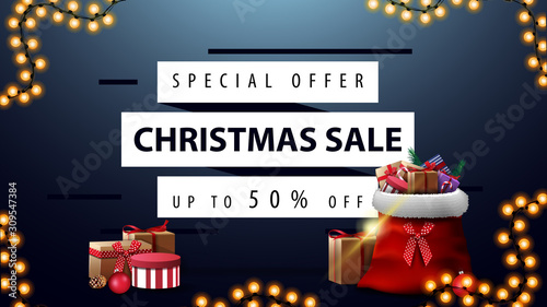 Special offer, Christmas sale, up to 50% off, blue discount banner with Santa Claus bag with presents, garlands and white lines for offer