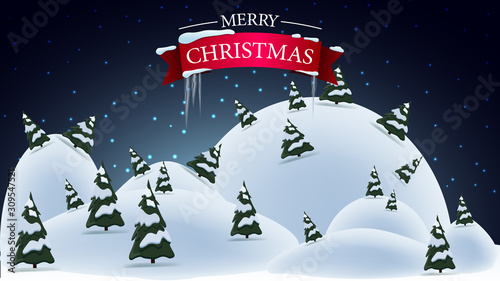 Merry Christmas  greeting postcard with night winter landscape with big snowdrifts