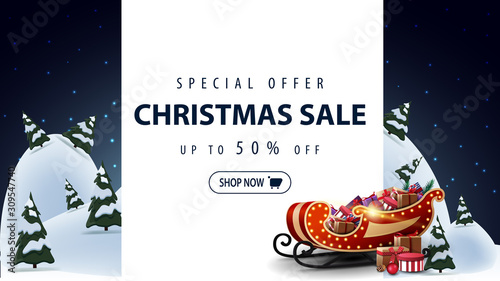 Special offer, Christmas sale, up to 50% off, blue discount banner with Santa Claus bag with presents, winter landscape with big snowdrifts and white vertical line for offer