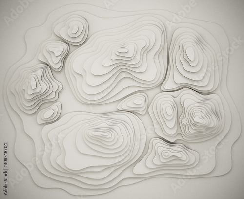 Topography map showing valleys and mountains. 3D illustration