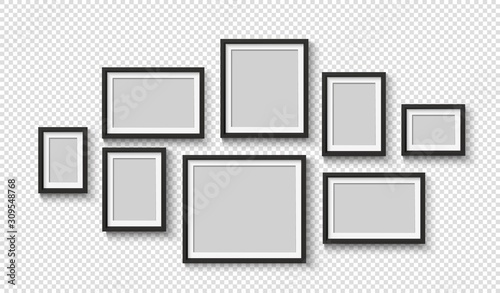 Black photo frame on wall. Square frame set. Blank pictures. Vector decoration element. 3D poster with shadow for presentations