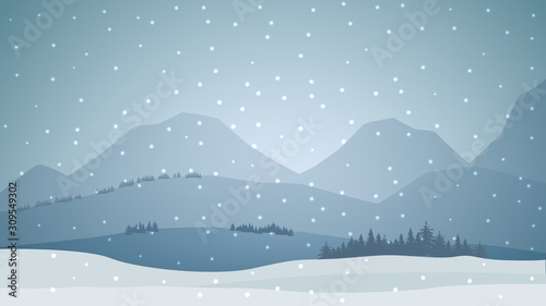 Winter landscape with the forest at the foot of the mountains and snow falling. Background for your arts