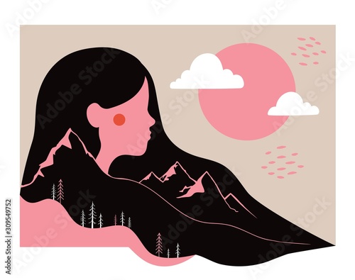 Modern abstract vector illustration with long hair woman. Minimalistic concept, nature mountain landscape, pastel colors.