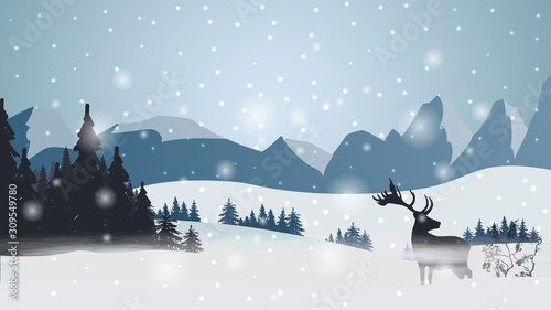 Winter landscape with high mountains on the horizon, pines, forest, snow falling and silhouette of deer