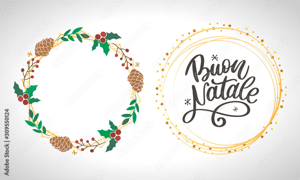Buon Natale. Merry Christmas Calligraphy Template in Italian. Greeting Card Black Typography on White Background. Vector Illustration Hand Drawn Lettering.