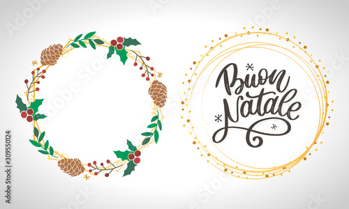 Buon Natale. Merry Christmas Calligraphy Template in Italian. Greeting Card Black Typography on White Background. Vector Illustration Hand Drawn Lettering.