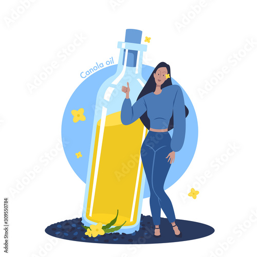 Rapeseed oil stock vector illustration. Satisfied customer vector illustration. Vector flat illustration women and big bottle with oil.