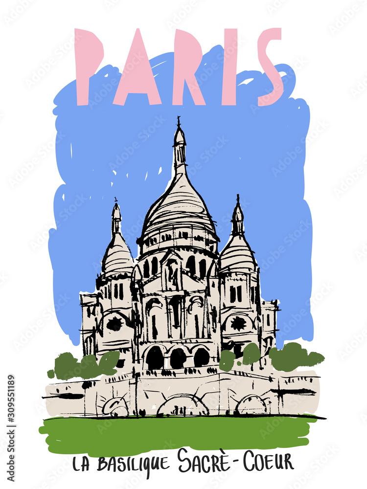 Image of the Basilique du Sacré-Cœur  in Paris. Color illustration of the building is designed as a postcard, suitable for posters, t-shirts, invitations.