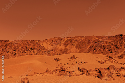 Deserted mountains of Mars. A very reddish environment