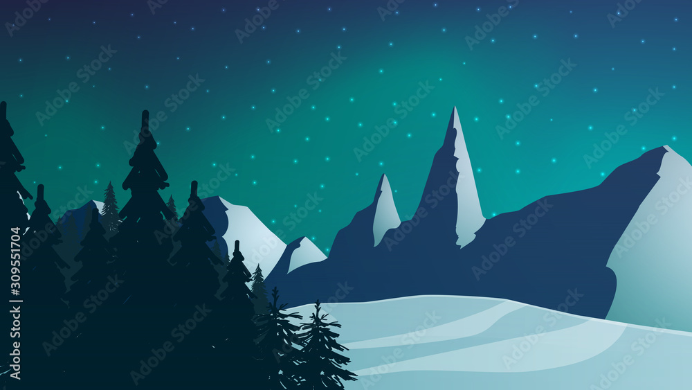Winter night landscape with forest, mountains, starry sky and Northern lights over mountains Winter night landscape with forest, mountains, starry sky and Northern lights over mountains