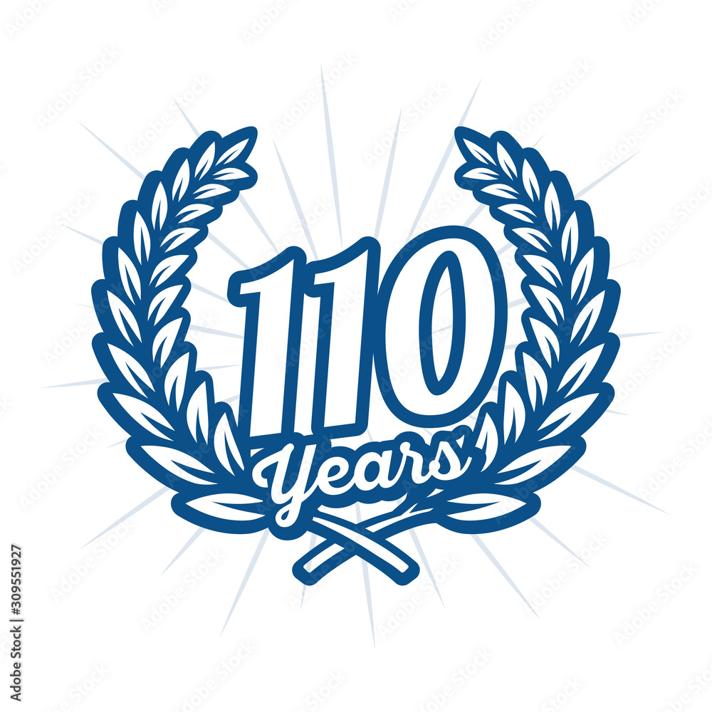 110 years anniversary celebration with laurel wreath. One hundred tenth anniversary logo. Vector and illustration. 110 years anniversary celebration with laurel wreath. One hundred tenth anniversary logo. Vector and illustration.