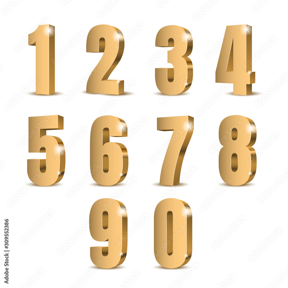 Gold 3d numbers. Symbol set. Vector illustration