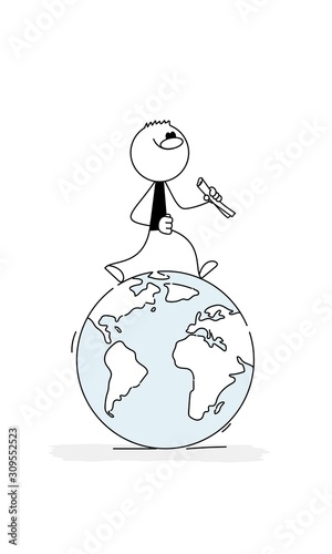 Doodle stick figure: Little man with a map walking around the globe.