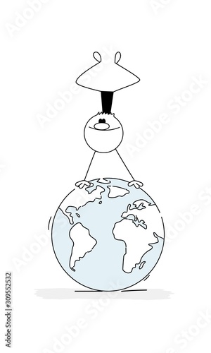 Doodle stick figure: Little man upside down, tourist on the globe.
