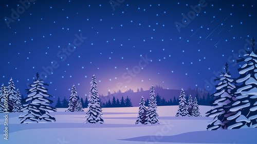 Winter landscape with snow-covered pines, hills on horizon, blue starry sky and snow-covered plains.