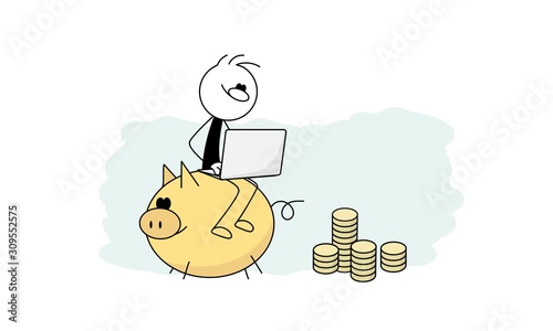 Doodle stick figure: Man sitting on a piggy bank with laptop, banker are engaged in work. Cartoon finance concept.