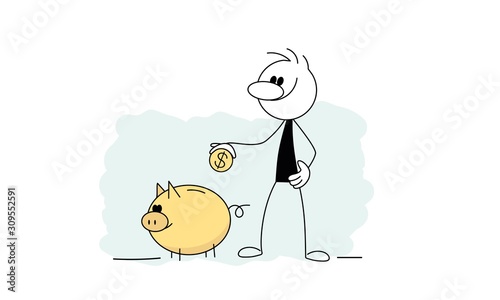 Doodle stick figure: Man is going to put a coin in a piggy bank. Cartoon finance concept.