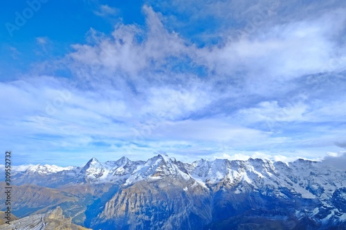 Gorgeous view of the big three mountains of Eiger, Monch, and Jungfrau form part of the Swiss Alps.