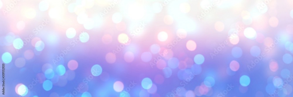 Bokeh pattern white blue pink gradient banner. Empty background glitter. Blurry texture sparkle. Abstract template holiday. Defocus festive illustration.