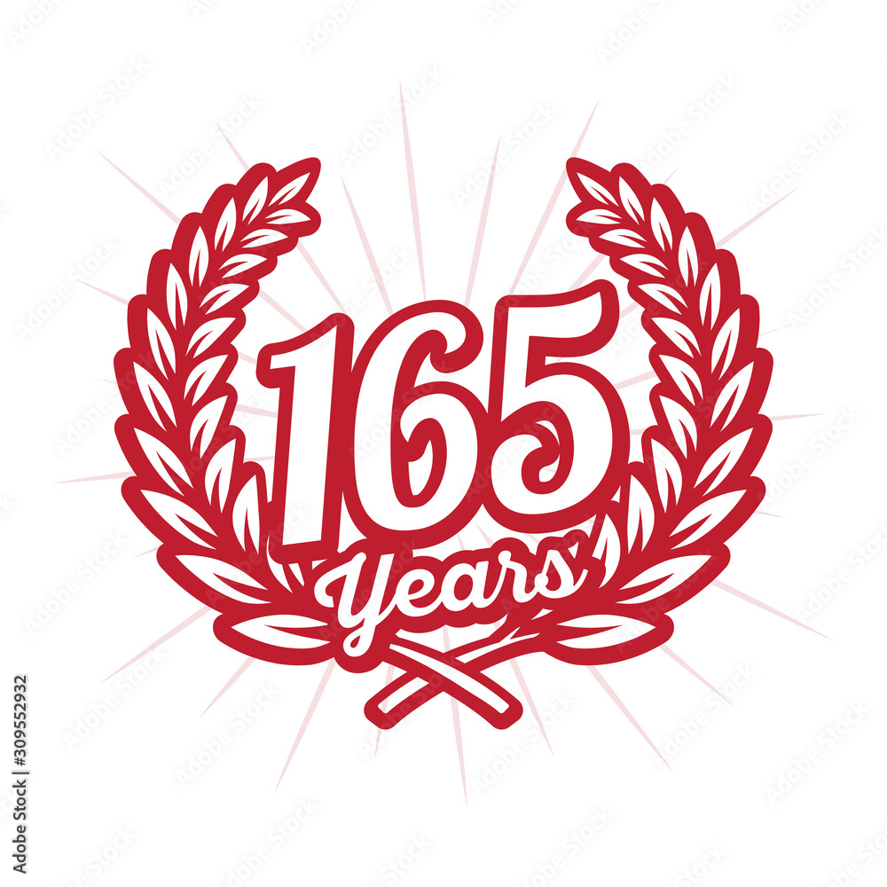 165 years anniversary celebration with laurel wreath. One hundred sixty fifth anniversary logo. Vector and illustration.