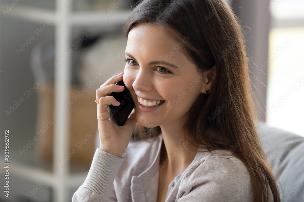 Close up of happy girl smile talking smartphone Close up of happy girl smile talking smartphone