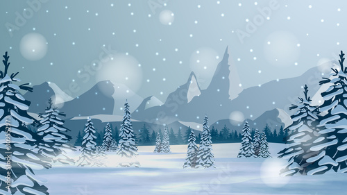Winter landscape with snow-covered pines, high mountains on the horizon, pine forest and snowstorm. Winter background for your arts