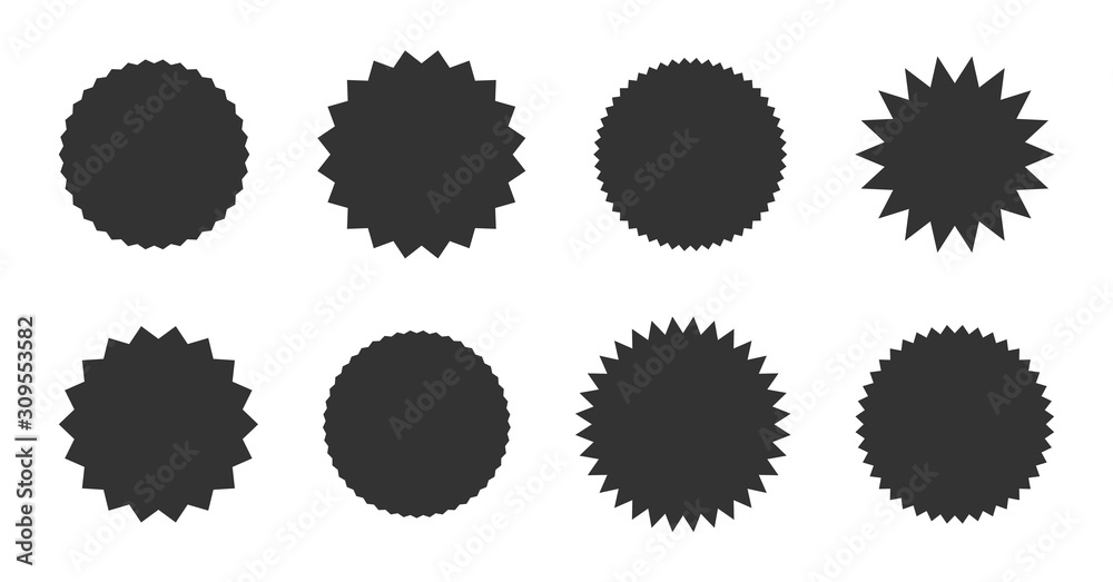 Promo sale starburst sticker and sunburst label icons. Vector set of black star price tag or quality mark badge for blank template design vector set Promo sale starburst sticker and sunburst label icons. Vector set of black star price tag or quality mark badge for blank template design vector set