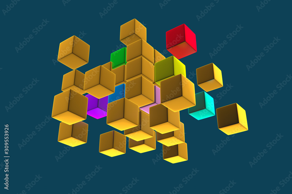 Business concept, 3D gold block cubes on dark background. 3D rendering Business concept, 3D gold block cubes on dark background. 3D rendering