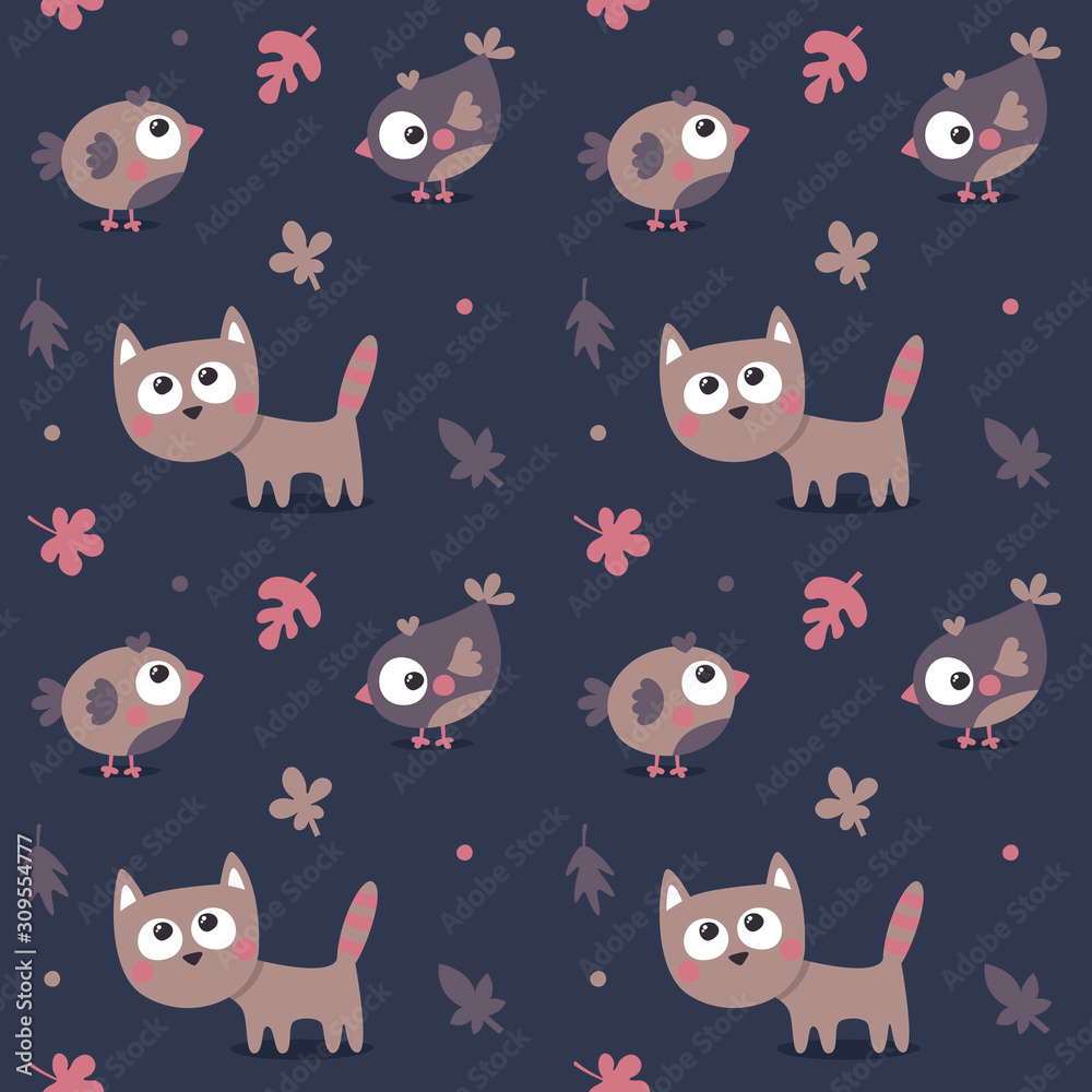 Obraz premium Seamless animal autumn pattern made with cat, bird, flower, plant, leaf