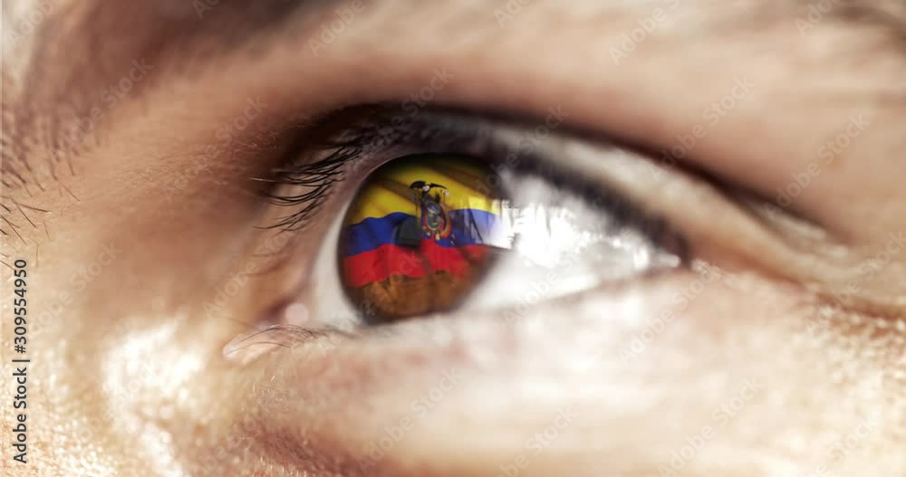 Man with brown eyes in close up, the flag of ecuador in iris,  with wind motion. video concept
