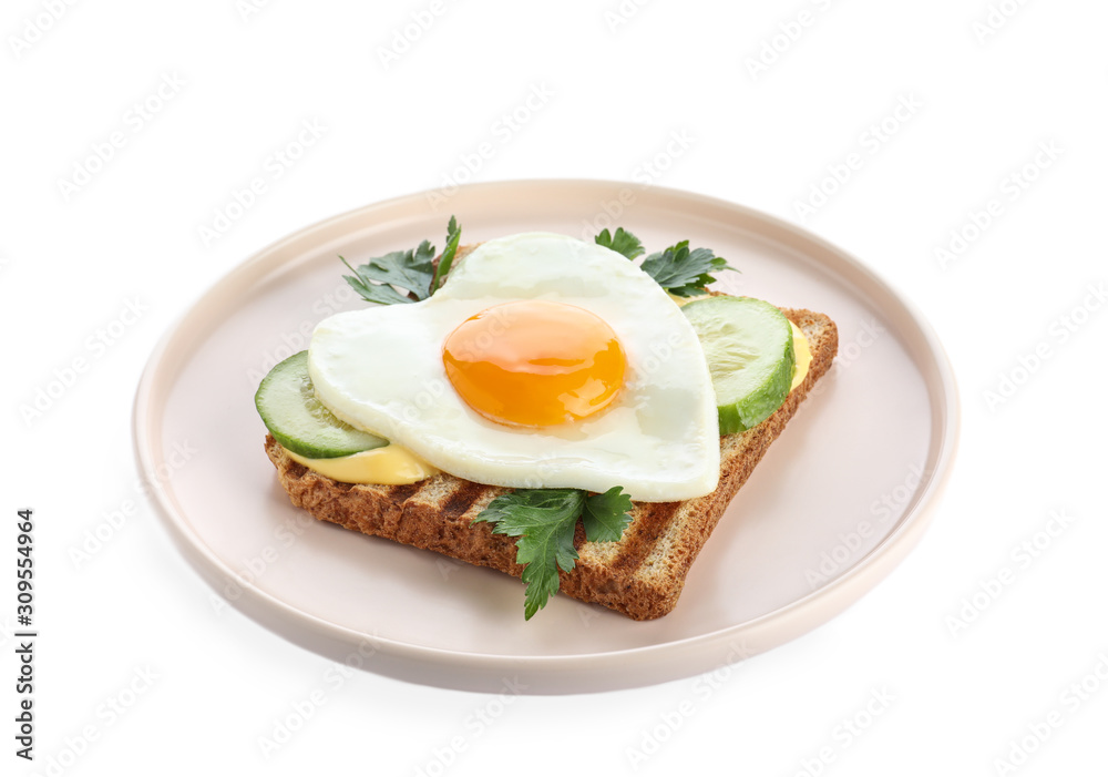 Plate of tasty sandwich with heart shaped fried egg isolated on white Plate of tasty sandwich with heart shaped fried egg isolated on white