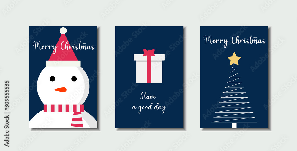 vector illustration of Christmas greeting cards with navy background, snowman, gift box, christmas tree.