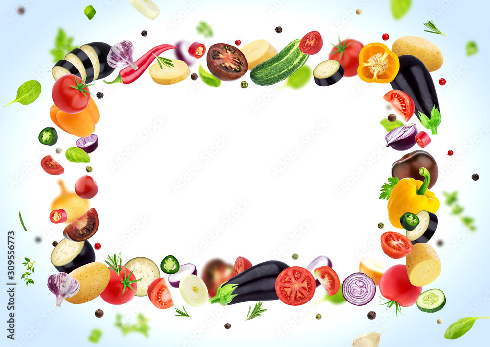 Vegetable isolated on white background, frame made of different flying vegetables, herbs and spices, with copy space