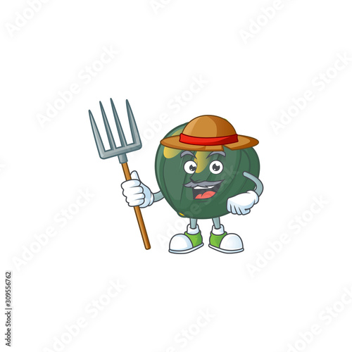 Happy Farmer acorn squash cartoon mascot with hat and tools