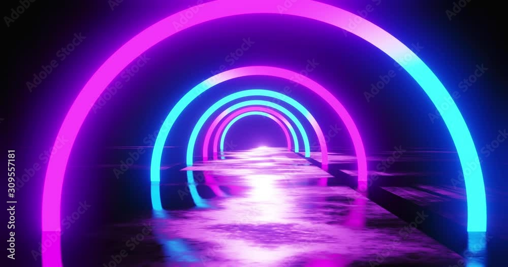 3d render, abstract geometric background, fluorescent ultraviolet light, glowing neon lines rotating tunnel, blue red pink purple spectrum, spinning around, modern colorful illumination, 4k animation