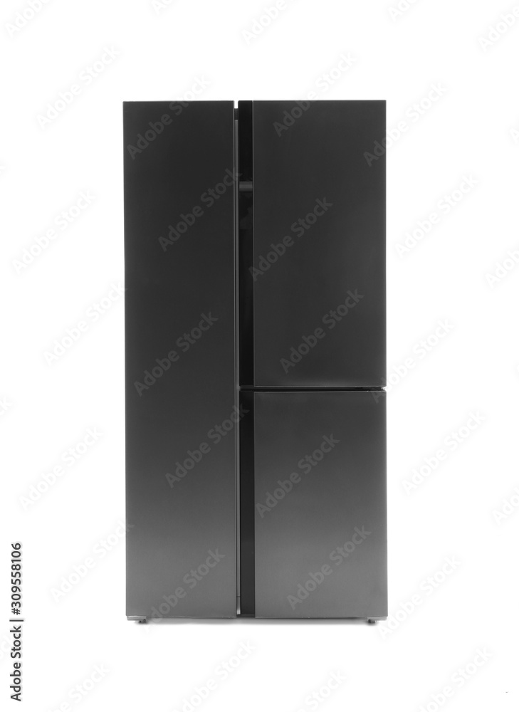 Modern stainless steel refrigerator isolated on white Modern stainless steel refrigerator isolated on white