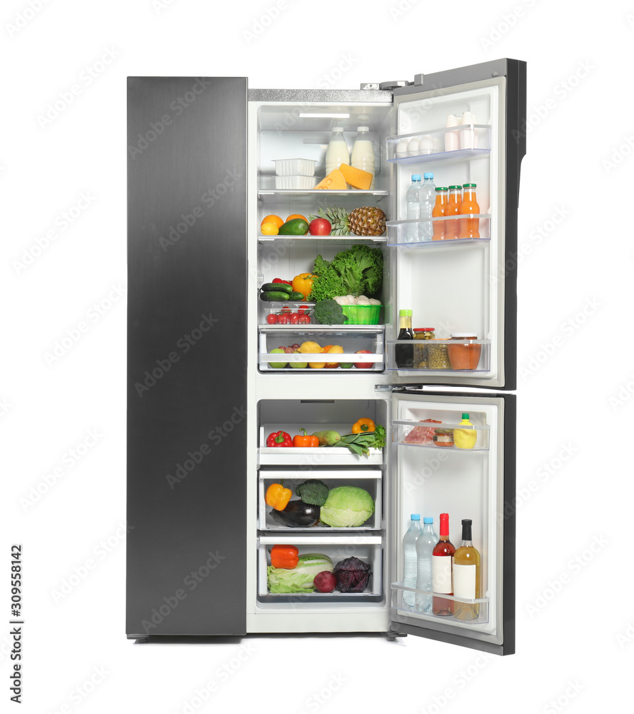 Open refrigerator full of different products isolated on white Open refrigerator full of different products isolated on white