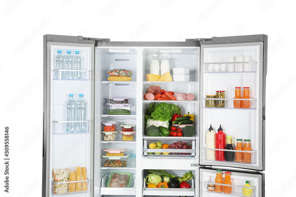 Open refrigerator full of products isolated on white Open refrigerator full of products isolated on white