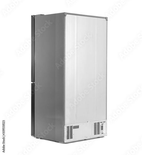 Modern stainless steel refrigerator isolated on white