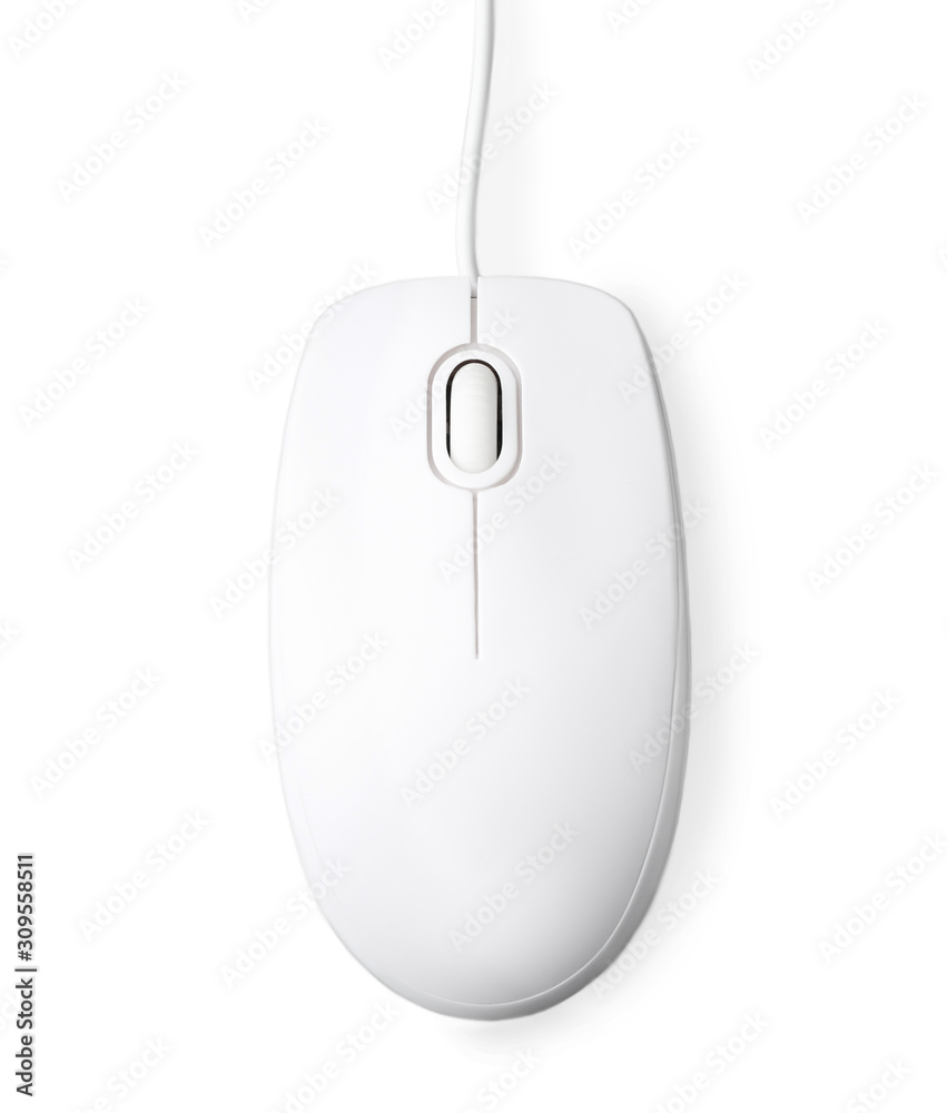 Modern wired computer mouse isolated on white, top view Modern wired computer mouse isolated on white, top view