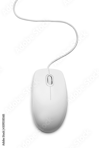 Modern wired computer mouse isolated on white, top view