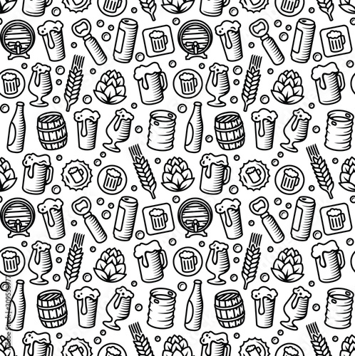 Beer pattern. Engraved style black beer illustrations.