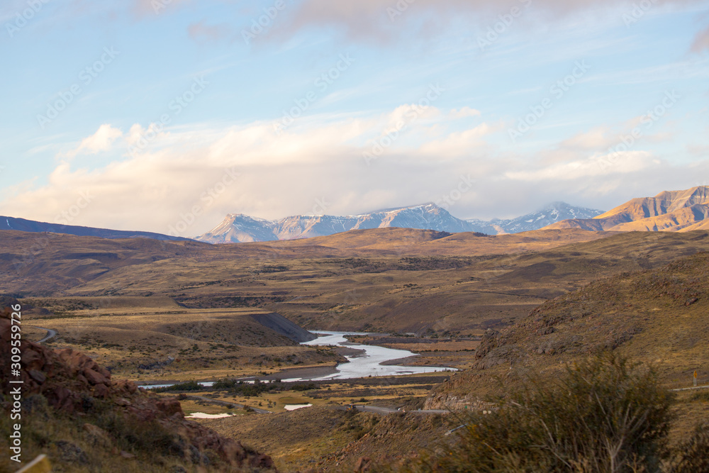 View of a river in the landscape of the Torres del Paine mountains in autumn, Torres del Paine National Park, Chile